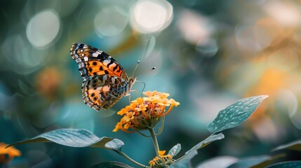 A beautiful butterfly with vibrant colors perches delicately on a flower, surrounded by lush green leaves.