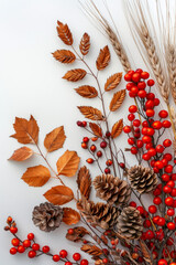 Fototapeta premium Autumn Arrangement of Dried Leaves, Berries, and Pine Cones on White Background