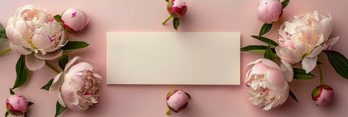 Elegant Peony Flowers Arranged Around Blank Card on Pink Background