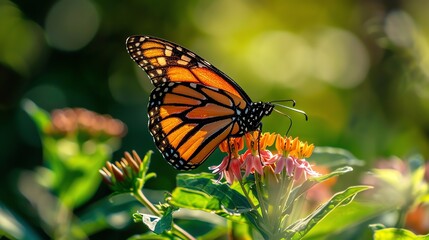 Monarch butterfly on a flower. The butterfly is orange, black, and white. The flower is pink and white.