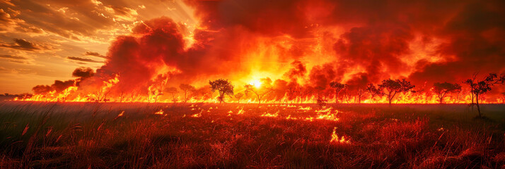 Sweeping Wildfire Engulfing Vast Landscape at Sunset