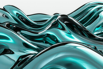 Luminous teal and glossy black tiddle waves, creating a deep and intriguing abstract pattern on a solid white background.