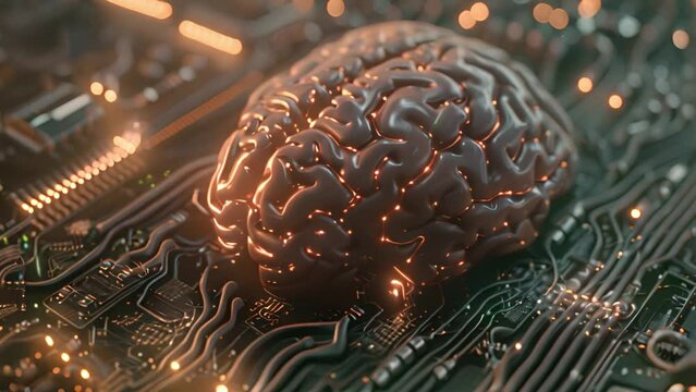 A brain rests on a computer circuit, representing the fusion of technology and biology in a conceptual image.