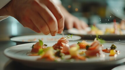 A chef carefully garnishes a plate of food with tweezers in a restaurant kitchen.