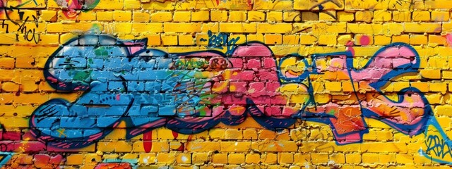 Colorful graffiti text on a yellow brick wall background. The graffiti is in the style of colorful street art.