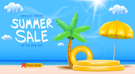 summer sale banner template with beach and sea water, Coconut trees and rubber rings, blue sky with clouds.