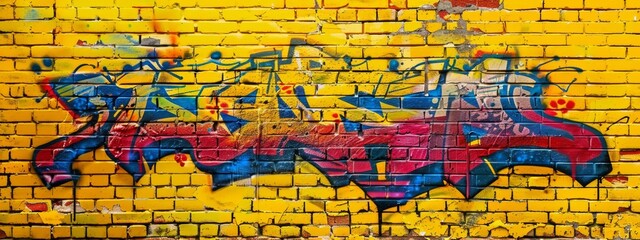 Colorful graffiti text on a yellow brick wall background. The graffiti is in the style of colorful street art.