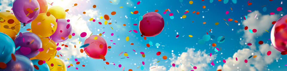 Celebratory Colorful Balloons and Confetti in Sky