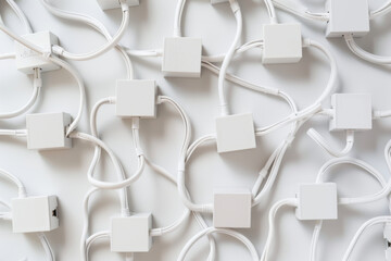 Obraz premium Interconnected White Power Adapters on a White Background