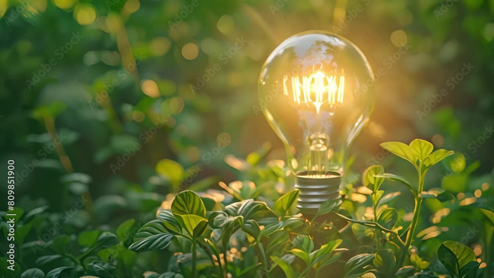 Poster a light bulb placed on top of a vibrant, green field with lush grass and plants, creating a stark co