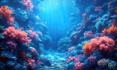 A beautiful coral reef with many different types of fish swimming around. The water is crystal clear and the sun is shining brightly.