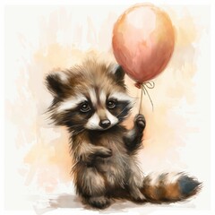 Watercolor cute raccoon with balloon. Print or post card concept banner 