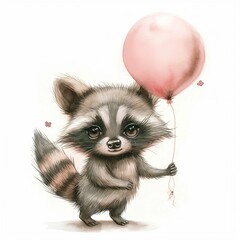 Watercolor cute raccoon with balloon. Print or post card concept banner 