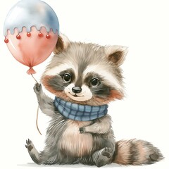 Watercolor cute raccoon with balloon. Print or post card concept banner 