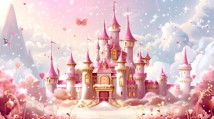 A pink castle with a staircase leading to it PencilDrawing painting of a Castle
