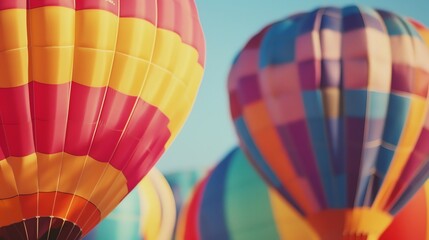 Obraz premium Hot air balloons in flight. The balloons are brightly colored and flying in a blue sky.