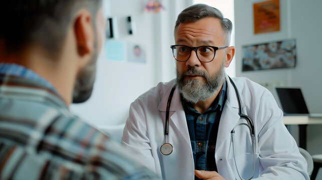 Male doctor speaking with patient talking about his diagnosis, prognosis or giving medicine prescription.