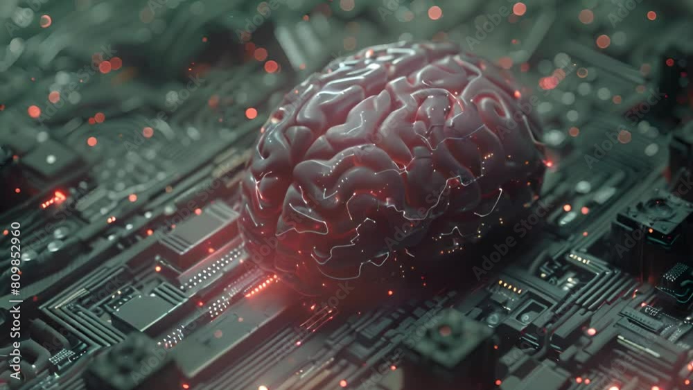 Poster a brain sits atop a computer circuit board, suggesting artificial intelligence and technology integr