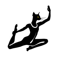 ヨガのポーズをする黒猫のシルエットのイラスト　白背景の切り抜き