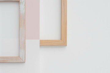 Single wooden photo frame against a white-gray background, minimalist and elegant. AI generative enhances interior decor.