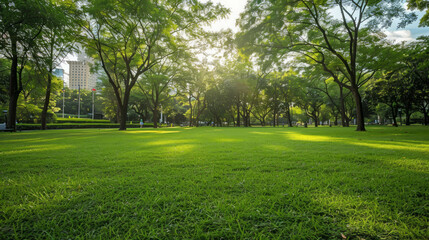 Refreshing park scene amidst the city, showcasing lush green trees against urban backdrop. AI generative innovation enriches city park photography.