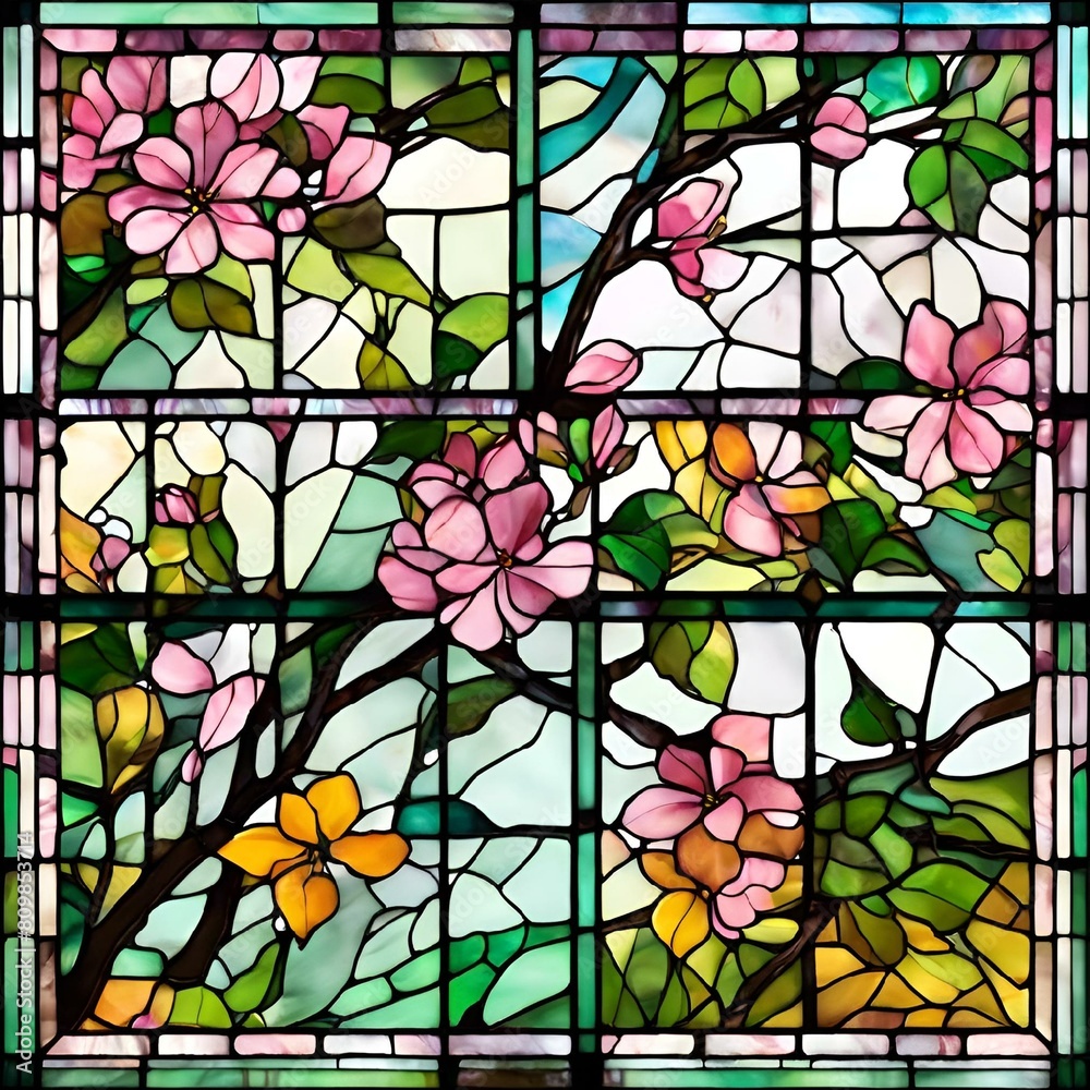 Poster AI generated illustration of a stained glass window with pink and yellow floral designs