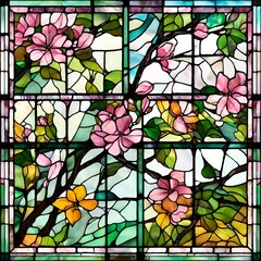 AI generated illustration of a stained glass window with pink and yellow floral designs