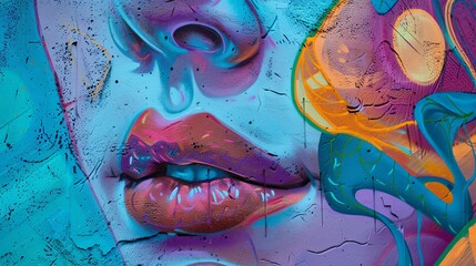 Close-up of a colorful graffiti of a woman's face. The graffiti is made with bright colors and has a blue background.