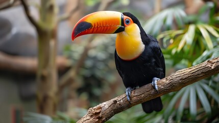 A brightly colored toucan sits on a branch in the rainforest. The toucan has a large, orange beak and a black body with a yellow neck.