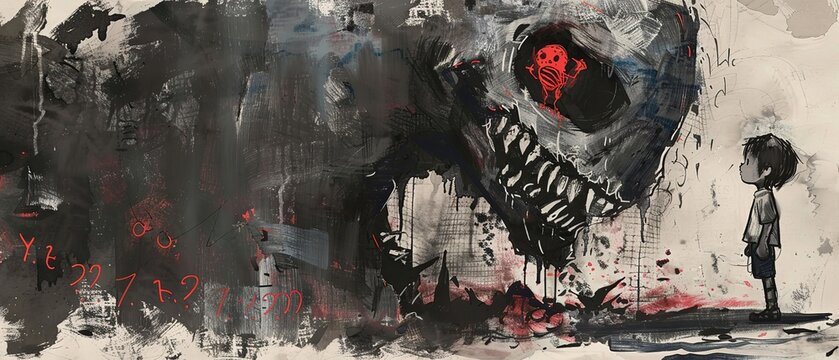 young boy facing scary monster with sharp teeth,  artistic illustration dark fantasy nightmare slumber land, Generative Ai
