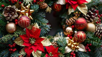 Fototapeta premium A close up of a richly decorated Christmas wreath, adorned with ribbons, ornaments, and pinecones
