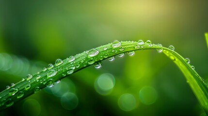 Naklejka premium Closeup of water droplets on the edge of a grass leaf, macro photography with focus stacking, green background.