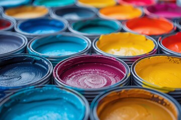 Fototapeta premium An array of open paint cans showcasing a colorful selection of pigments, highlighting the beauty and vibrancy of each hue