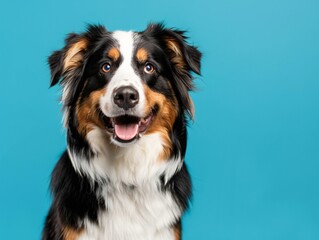 A happy Australian Shepherd dog with a black, white, and tan coat against a bright blue background.