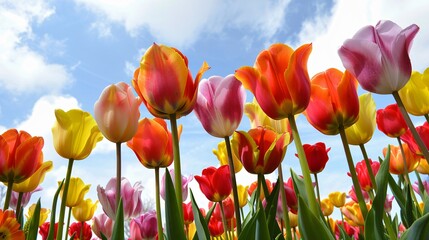 Obraz premium A colorful field of tulips with red, yellow, and pink blooms under a blue sky with fluffy white clouds.