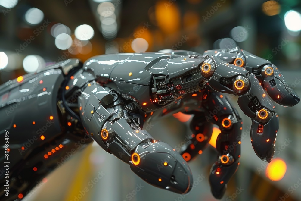 Poster detailed image focusing on the advanced technology of a robotic hand with illuminated sensors and in