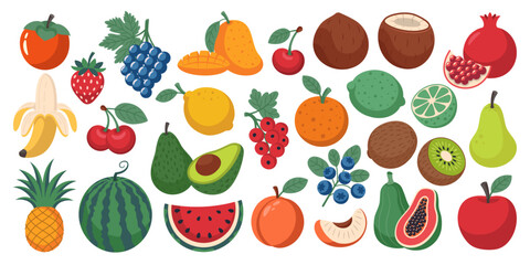 Set of various fruits and berries. Collection of organic vitamins and healthy nutrition. Isolated on a white background.