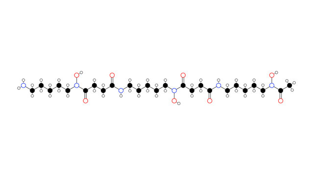 deferoxamine molecule, structural chemical formula, ball-and-stick model, isolated image antidotes