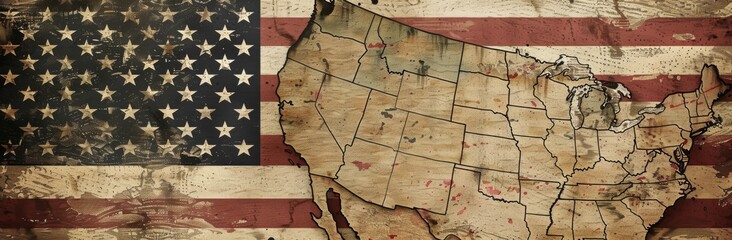 Aged American flag overlaid on a vintage-style map of the United States, symbolizing patriotism and history