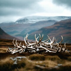 Pile of wild deer antlers in majestic mountain scene