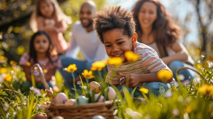 A family gathered for an Easter egg hunt, children excitedly searching the garden for hidden treasures