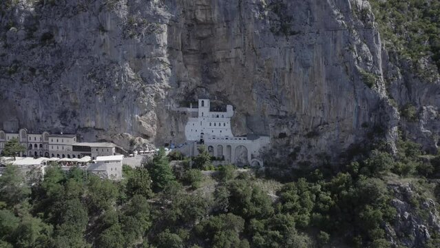 Drone shot flying around the Ostrog Monastery in Montenegro