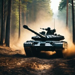 Military army tank in forrest with dust