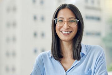 Corporate woman, portrait and glasses in city with pride for startup agency, happy and job in...