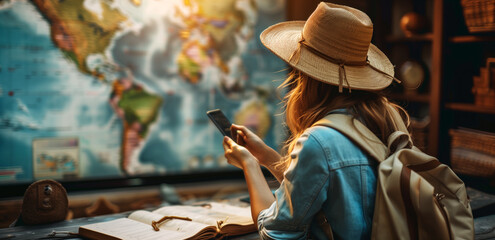 Female traveler using a smartphone to plan her next journey with a world map and travel guide.