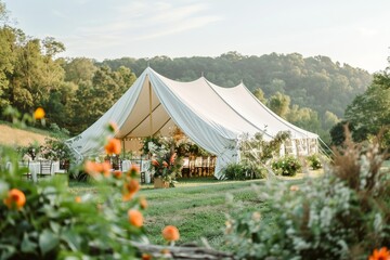 A spacious and elegant white tent set up in a beautiful natural setting with lush greenery ideal for outdoor events and gatherings