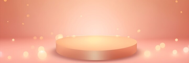 Empty circular shiny pedestal against a trendy in 2024 peach fuzz color background with bokeh lights. Ideal backdrop for cosmetic exhibitions.