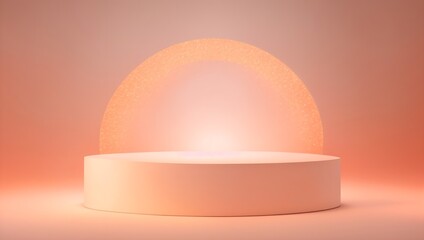 Empty illuminated round podium against a fashionable peach fuzz backdrop. Perfect space for showcasing beauty products.