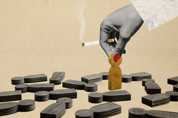 Composite photo collage of hand tip people figurine alone smoke cigarette apocalypse wooden people...