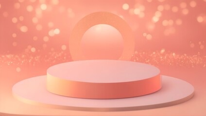 Empty circular pedestal against a peachy tone background with bokeh lights. Ideal backdrop for cosmetic exhibitions.